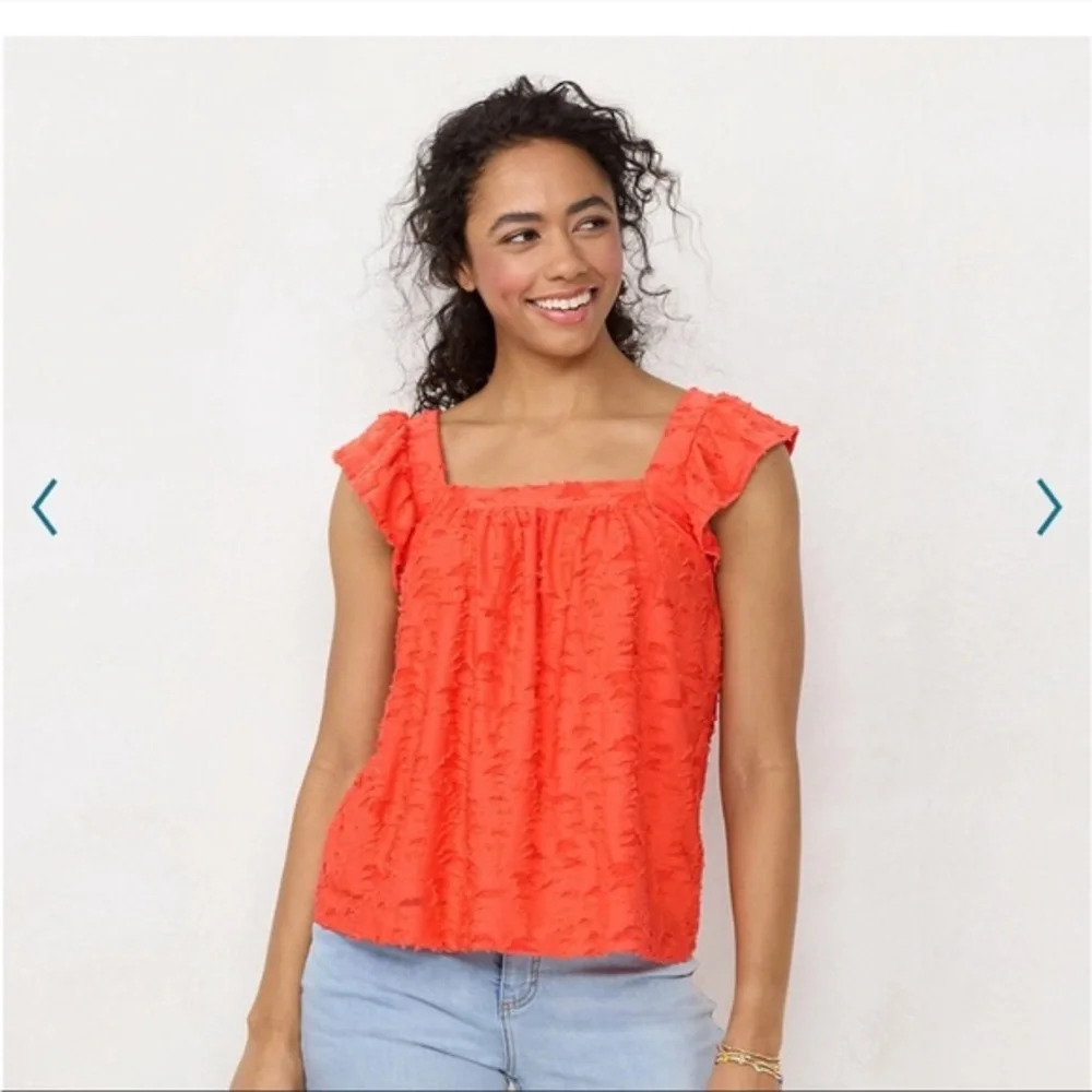 NWT LC LAUREN CONRAD Ruffle Sleeveless Crossback Tank Top Spanish Coral